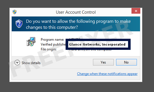 Screenshot where Glance Networks, Incorporated appears as the verified publisher in the UAC dialog